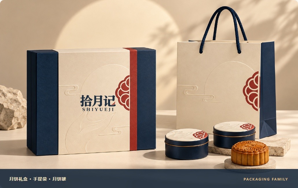 拾月记月饼礼盒、手提袋与月饼罐的包装概念场景